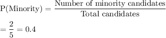 \text{P(Minority)}=\dfrac{\text{Number of minority candidates}}{\text{Total candidates}}\\\\=\dfrac{2}{5}=0.4