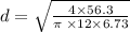 d = \sqrt{\frac{4 \times 56.3}{{\pi \: \times 12 \times 6.73}}}