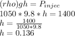 (rho)gh = P_{injec}\\1050 * 9.8 * h = 1400\\h = \frac{1400}{1050*9.8} \\h = 0.136