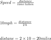Speed = \frac{distance}{time \: taken} \\ \\ \\ \\10mph = \frac{distance}{2 \: h} \\ \\ \\ distane = 2 \times 10 = 20miles