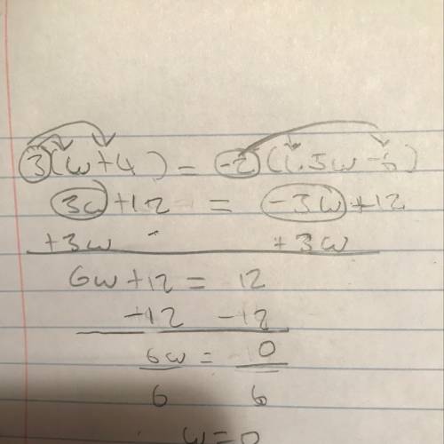 3(w+4)=−2(1.5w−6) hi!  if anyone could  with this it would be really appreciated