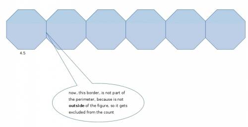 Find the perimeter of 6 regular octagons linked together side by side,if one side is 4.5 inches.  