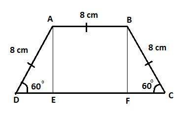 What is the area of a trapezoid abcd with bases ab and cd , if:  m∠c=m∠d=60°, ab = bc = 8 cm
