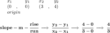 \bf \begin{array}{lllll}&#10;&x_1&y_1&x_2&y_2\\&#10;%   (a,b)&#10;&({{ 0}}\quad ,&{{ 0}})\quad &#10;%   (c,d)&#10;&({{ 3}}\quad ,&{{ 4}})\\&#10;&origin&#10;\end{array}&#10;\\\\\\&#10;% slope  = m&#10;slope = {{ m}}= \cfrac{rise}{run} \implies &#10;\cfrac{{{ y_2}}-{{ y_1}}}{{{ x_2}}-{{ x_1}}}\implies \cfrac{4-0}{3-0}\implies \cfrac{4}{3}