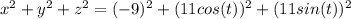 x^2+y^2+z^2=(-9)^2+(11cos(t))^2+(11sin(t))^2