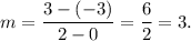 m=\dfrac{3-(-3)}{2-0}=\dfrac{6}{2}=3.