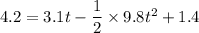 4.2=3.1t-\dfrac{1}{2}\times 9.8t^2+1.4