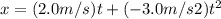 x = (2.0 m/s)t + (-3.0 m/s2)t^2