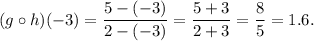 (g\circ h)(-3)=\dfrac{5-(-3)}{2-(-3)}=\dfrac{5+3}{2+3}=\dfrac{8}{5}=1.6.