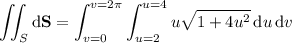 \displaystyle\iint_S\mathrm d\mathbf S=\int_{v=0}^{v=2\pi}\int_{u=2}^{u=4}u\sqrt{1+4u^2}\,\mathrm du\,\mathrm dv