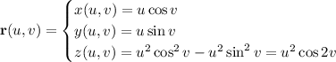 \mathbf r(u,v)=\begin{cases}x(u,v)=u\cos v\\y(u,v)=u\sin v\\z(u,v)=u^2\cos^2v-u^2\sin^2v=u^2\cos2v\end{cases}