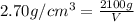 2.70g/cm^3 = \frac{2100 g}{V}