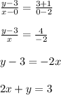 \frac{y-3}{x-0}=\frac{3+1}{0-2}\\\\ \frac{y-3}{x}=\frac{4}{-2}\\\\y-3=-2 x\\\\ 2 x+y=3