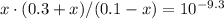 x \cdot (0.3 + x) / (0.1 - x) = 10^{-9.3}