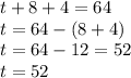 t + 8 + 4 = 64 \\ t = 64 - (8 + 4) \\ t = 64 - 12 = 52 \\ t = 52