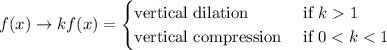 f(x) \to kf(x) = \begin{cases} \text{vertical dilation} & \text{ if }k1\\\text{vertical compression} & \text{ if }0