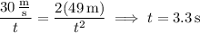 \dfrac{30\,\frac{\mathrm m}{\mathrm s}}t=\dfrac{2(49\,\mathrm m)}{t^2}\implies t=3.3\,\mathrm s