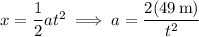 x=\dfrac12at^2\implies a=\dfrac{2(49\,\mathrm m)}{t^2}