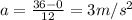 a = \frac{36-0}{12} = 3 m/s^{2}