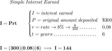 \bf ~~~~~~ \textit{Simple Interest Earned} \\\\ I = Prt\qquad  \begin{cases} I=\textit{interest earned}\\ P=\textit{original amount deposited}\dotfill & \$300\\ r=rate\to 8\%\to \frac{8}{100}\dotfill &0.08\\ t=years\dotfill &6 \end{cases} \\\\\\ I=(300)(0.08)(6)\implies I=144