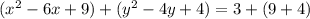 (x^2 - 6x + 9) + (y^2- 4y + 4) = 3 + (9 + 4)