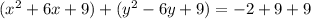 (x^2 +  6x + 9) +  (y^2  - 6y + 9)  = -2 + 9 + 9