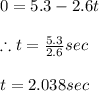 0=5.3-2.6t\\\\\therefore t=\frac{5.3}{2.6}sec\\\\t=2.038sec