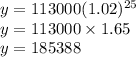 y=113000(1.02)^{25}\\y=113000 \times 1.65\\y=185388