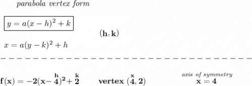 \bf ~~~~~~\textit{parabola vertex form}\\\\\begin{array}{llll}\boxed{y=a(x- h)^2+ k}\\\\x=a(y- k)^2+ h\end{array}\qquad\qquadvertex~~(\stackrel{}{ h},\stackrel{}{ k})\\\\-------------------------------\\\\f(x)=-2(x-\stackrel{h}{4})^2+\stackrel{k}{2}\qquad vertex~(\stackrel{x}{4},2)\qquad \qquad \stackrel{\textit{axis of symmetry}}{x=4}