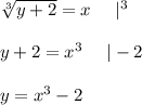 \sqrt[3]{y+2}=x\ \ \ \ |^3\\\\y+2=x^3\ \ \ \ |-2\\\\y=x^3-2