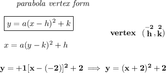 \bf ~~~~~~\textit{parabola vertex form} \\\\ \begin{array}{llll} \boxed{y=a(x- h)^2+ k}\\\\ x=a(y- k)^2+ h \end{array} \qquad\qquad vertex~~(\stackrel{-2}{ h},\stackrel{2}{ k}) \\\\\\ y=+1[x-(-2)]^2+2\implies y=(x+2)^2+2
