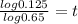 \frac{log 0.125}{log 0.65} =t