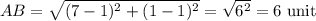AB=\sqrt{(7-1)^2+(1-1)^2}=\sqrt{6^2}=6\text{ unit}