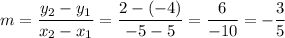 \displaystyle{ m= \frac{y_2-y_1}{x_2-x_1}= \frac{2-(-4)}{-5-5}= \frac{6}{-10}= -\frac{3}{5}