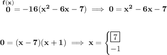 \bf \stackrel{f(x)}{0}=-16(x^2-6x-7)\implies 0=x^2-6x-7 \\\\\\ 0=(x-7)(x+1)\implies x= \begin{cases} \boxed{7}\\ -1 \end{cases}
