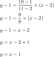 y-1=\dfrac{10-1}{11-2}\times (x-2)\\\\y-1=\dfrac{9}{9}\times (x-2)\\\\y-1=x-2\\\\y=x-2+1\\\\y=x-1