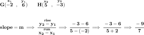 \bf G(\stackrel{x_1}{-2}~,~\stackrel{y_1}{6})\qquad &#10;H(\stackrel{x_2}{5}~,~\stackrel{y_2}{-3})&#10;\\\\\\&#10;% slope  = m&#10;slope =  m\implies &#10;\cfrac{\stackrel{rise}{ y_2- y_1}}{\stackrel{run}{ x_2- x_1}}\implies \cfrac{-3-6}{5-(-2)} \implies \cfrac{-3-6}{5+2}\implies \cfrac{-9}{7}