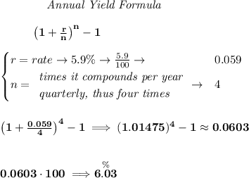 \bf \qquad  \qquad  \textit{Annual Yield Formula}&#10;\\\\&#10;~~~~~~~~~\left(1+\frac{r}{n}\right)^{n}-1&#10;\\\\&#10;\begin{cases}&#10;r=rate\to 5.9\%\to \frac{5.9}{100}\to &0.059\\&#10;n=&#10;\begin{array}{llll}&#10;\textit{times it compounds per year}\\&#10;\textit{quarterly, thus four times}&#10;\end{array}\to &4&#10;\end{cases}&#10;\\\\\\&#10;\left(1+\frac{0.059}{4}\right)^{4}-1\implies (1.01475)^4-1 \approx 0.0603&#10;\\\\\\&#10;0.0603\cdot 100\implies \stackrel{\%}{6.03}