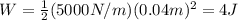 W= \frac{1}{2}(5000 N/m)(0.04 m)^2=4 J