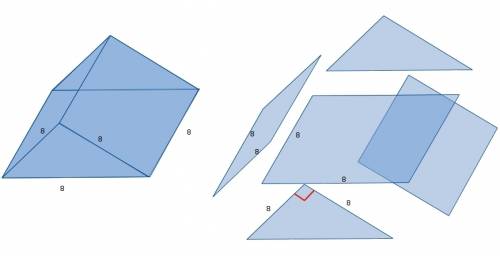 Each edge of a right triangular prism is 8 inches in length. what is the surface area of the right t