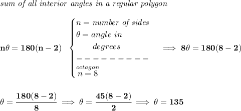 \bf \textit{sum of all interior angles in a regular polygon}\\\\&#10;n\theta =180(n-2)~~&#10;\begin{cases}&#10;n=\textit{number of sides}\\&#10;\theta =angle~in\\&#10;\qquad degrees\\&#10;---------\\&#10;\stackrel{octagon}{n=8}&#10;\end{cases}\implies 8\theta =180(8-2)&#10;\\\\\\&#10;\theta =\cfrac{180(8-2)}{8}\implies \theta =\cfrac{45(8-2)}{2}\implies \theta = 135