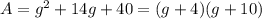A=g^2 + 14g + 40=(g+4)(g+10)