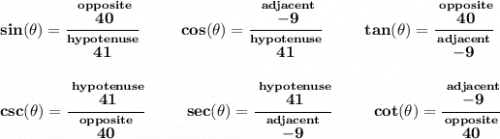 \bf sin(\theta )=\cfrac{\stackrel{opposite}{40}}{\stackrel{hypotenuse}{41}}\qquad~~  cos(\theta )=\cfrac{\stackrel{adjacent}{-9}}{\stackrel{hypotenuse}{41}}\qquad~~  tan(\theta )=\cfrac{\stackrel{opposite}{40}}{\stackrel{adjacent}{-9}}&#10;\\\\\\&#10;csc(\theta )=\cfrac{\stackrel{hypotenuse}{41}}{\stackrel{opposite}{40}}\qquad ~~sec(\theta )=\cfrac{\stackrel{hypotenuse}{41}}{\stackrel{adjacent}{-9}}\qquad ~~cot(\theta )=\cfrac{\stackrel{adjacent}{-9}}{\stackrel{opposite}{40}}
