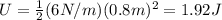 U=\frac{1}{2}(6 N/m)(0.8 m)^2=1.92 J