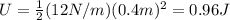 U=\frac{1}{2}(12 N/m)(0.4 m)^2=0.96 J