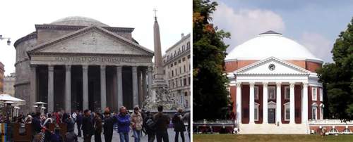 The picture on the left shows a roman building built nearly 2,000 years ago. the picture on the righ