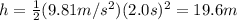 h= \frac{1}{2}(9.81 m/s^2)(2.0s)^2=19.6 m