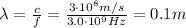 \lambda= \frac{c}{f}= \frac{3 \cdot 10^8 m/s}{3.0 \cdot 10^9 Hz}=0.1 m