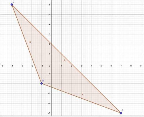 Points a(7, -5), b(-1, -2), and c(-4, 6) form triangle abc on a coordinate plane. according to its s