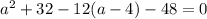 a^2+32-12(a-4)-48=0